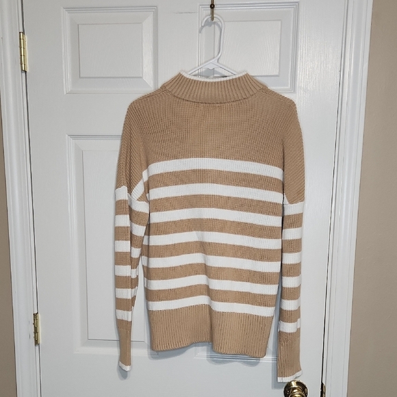 Lands' End Tan and White Striped Quarter Zip Sweater - Picture 4 of 4